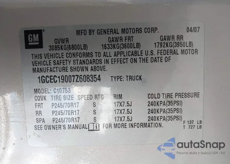 2007 Chevrolet Silverado 1500 Lt1 z USA, uszkodzony, nr VIN 1GCEC19007Z608354